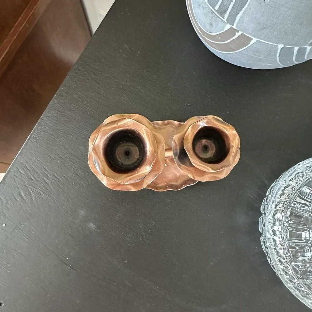 VTG Gregorian Solid Copper Double Candle Holder Scalloped Edge Cottagecore